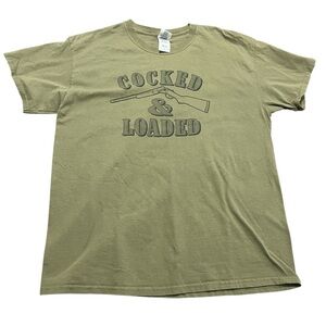 Cocked & Loaded Size Large Olive Green Mens Graphic Tee Right to Bear Arms